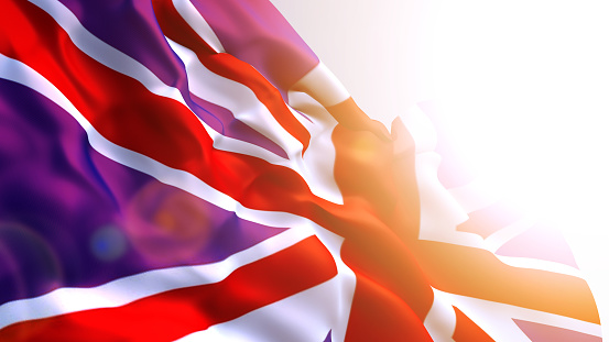 British flag in the wind, computer graphics. English flag, texture with folds and sun glare