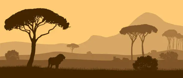 Vector illustration of Beautiful vector landscape of African savannah with animals during sunset.