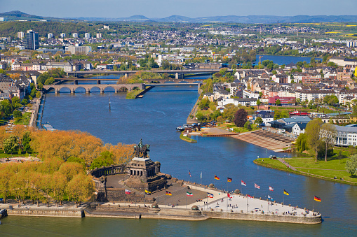 View over Koblenz and the rivers Rhine and Moselle from Fortress Ehrenbreitstein.
