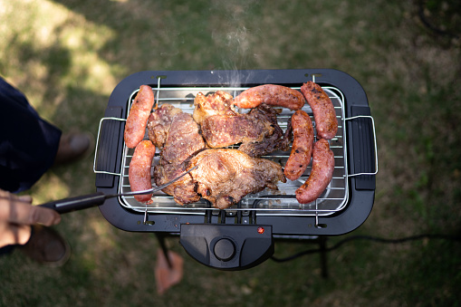 High angle view of barbecue being prepared