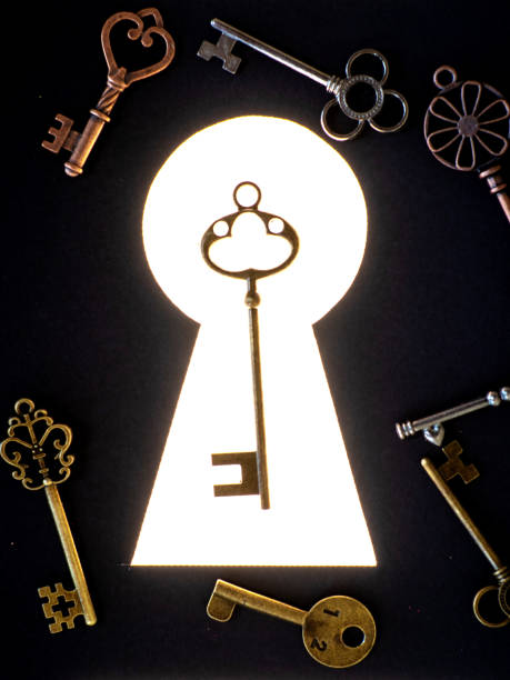 istock Many different antique keys and a keyhole. Finding the right key to the lock, concept. 1266044668