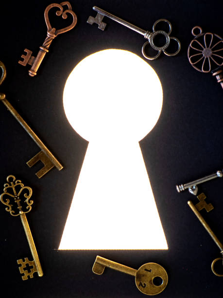 istock Many different antique keys and a keyhole. Finding the right key to the lock, concept. 1266044695