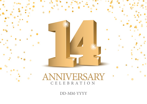 Anniversary 14. gold 3d numbers. Poster template for Celebrating 14th anniversary event party. Vector illustration