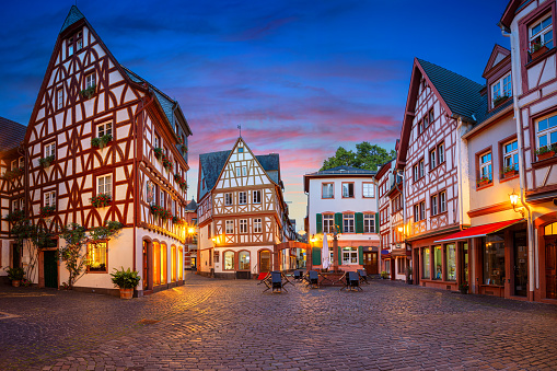 Cityscape image of Mainz old town during twilight blue hour.