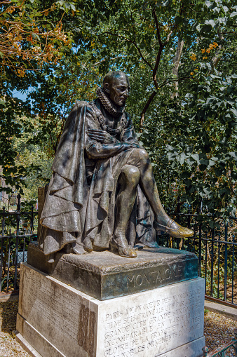 Paris, France - August 11 2020: Statue of French Philosopher Michel Eyquem de Montaigne (1533-1592) at Square Paul Painleve near the Sorbonne by Paul Landowski - Paris, France