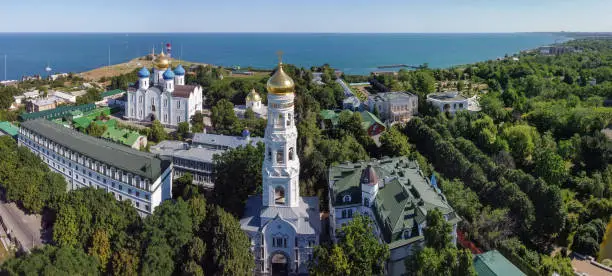 Odessa, Ukraine - July 9, 2020: male monastery panoramic drone view
