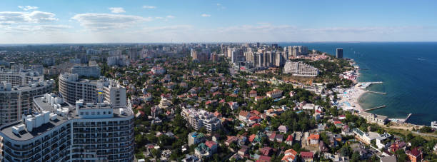 arcadia beach panoramic drone view Odessa, Ukraine - July15, 2020: arcadia beach panoramic drone view odessa beach stock pictures, royalty-free photos & images