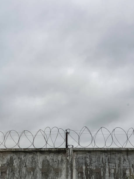 istock Grey concrete fence with barbed wire 1266062658