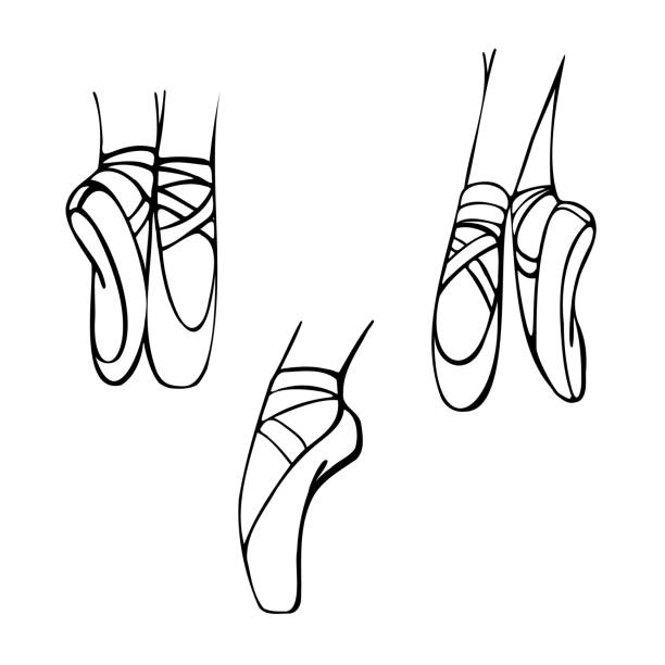 Ballerina's feet in pointe shoes three pairs of female feet in pointe ballet shoe stock illustrations