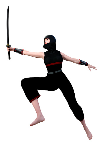 3D rendering of a female ninja holding a sword isolated on white background