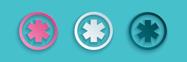 剪紙 緊急 - 生命之星圖示的醫學符號隔離在藍色背景。紙藝術風格。向量插圖。 - 醫療標誌 幅插畫檔、美工圖案、卡通及圖標