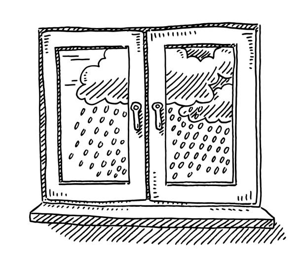 ilustrações de stock, clip art, desenhos animados e ícones de closed window rain weather drawing - weather cloud window rain