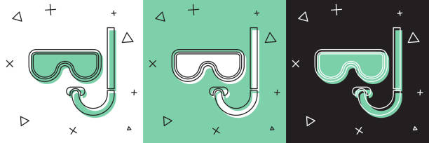 흰색과 녹색, 검은 색 배경에 격리 다이빙 마스크와 스노클링 아이콘을 설정합니다. 익스트림 스포츠. 다이빙 수중 장비. 벡터 일러스트레이션 - swimming goggles stock illustrations