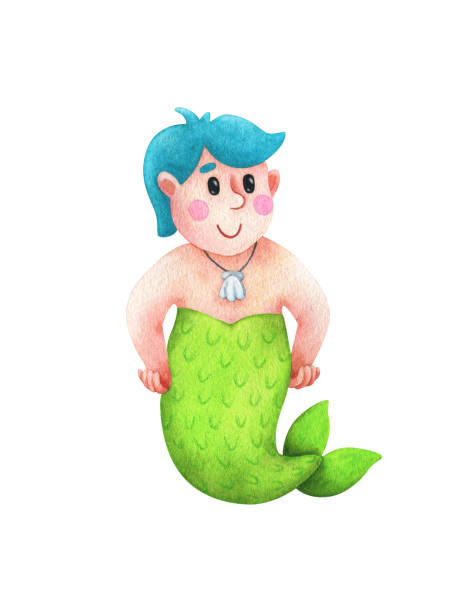 A Male Cartoon Mermaid With Blue Hair Childrens Watercolor Illustration Of  A Fairytale Character Bodie Is A Positive Guy Stock Image Isolated On A  White Background Cute Print With Triton Stock Illustration -