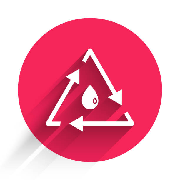 ilustrações de stock, clip art, desenhos animados e ícones de white oil drop with recycle icon isolated with long shadow. red circle button. vector illustration - pumping blood illustrations