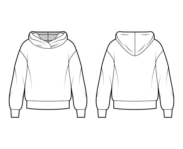 Oversized cotton-fleece hoodie technical fashion illustration with relaxed fit, long sleeves. Flat outwear jumper Oversized cotton-fleece hoodie technical fashion illustration with relaxed fit, long sleeves. Flat outwear jumper apparel template front, back white color. Women, men, unisex sweatshirt top CAD mockup cardigan clothing template fashion stock illustrations