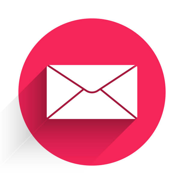 значок белого конверта изолирован с длинной тенью. символ письма электронной почты. кнопка "красный круг". иллюстрация вектора - электронная почта stock illustrations