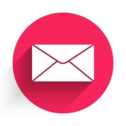 White Envelope icon isolated with long shadow. Email message letter symbol. Red circle button. Vector Illustration