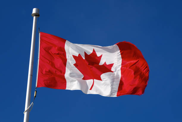 istock canadian flag waving against blue sky 1266087851