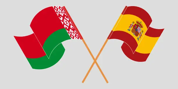 Vector illustration of Crossed and waving flags of Belarus and Spain