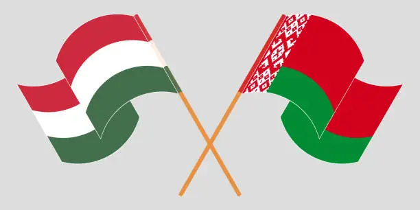 Vector illustration of Crossed and waving flags of Belarus and Hungary