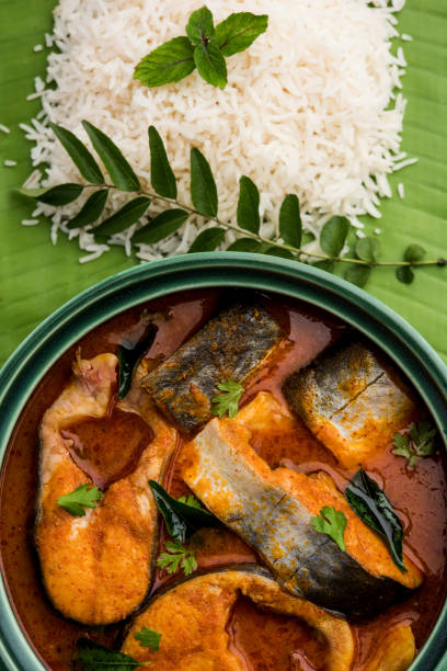 spicy fish curry - popularne indyjskie owoce morza podawane z ryżem - bengal zachodni zdjęcia i obrazy z banku zdjęć