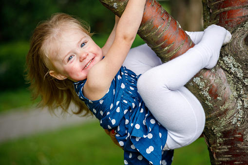 girl in a blue dress hanging on a tree branch