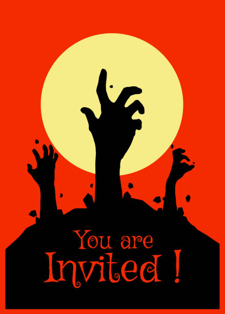 istock Vector illustration, Flat Style, Horror halloween background, silhouette of zombie hands come out of the ground or the cemetery on top there is a full moon, can use for card, poster, banner, invitation 1266092056