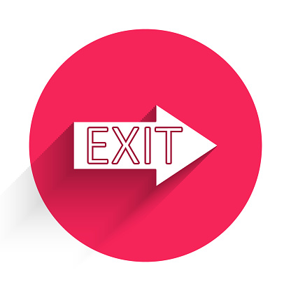 White Fire exit icon isolated with long shadow. Fire emergency icon. Red circle button. Vector Illustration