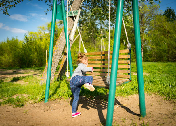 istock Child swinging a swing. child sitting on a swing 1266092282