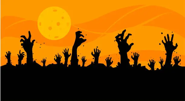Vector illustration of Vector illustration, Flat Style, Horror halloween background, silhouette of zombie hands come out of the ground or the cemetery on top there is a full moon, can use for card, poster, banner, invitation