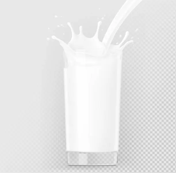 Vector illustration of High realistic transparent glass of milk with splashes.