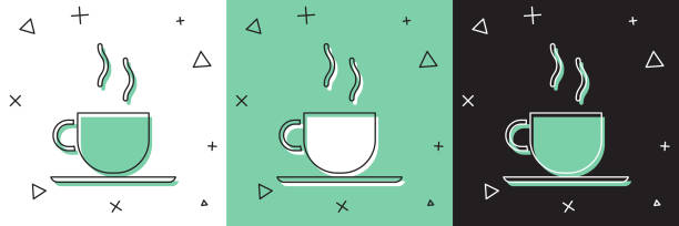 ustaw ikonę filiżanki kawy izolowane na białym i zielonym, czarnym tle. filiżanka do herbaty. gorąca kawa. ilustracja wektorowa - cappuccino swirl coffee cafe stock illustrations
