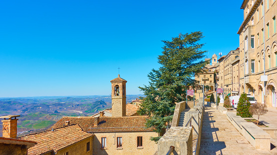View of San Marino with street and bell tower, The Respublic of San Marino. Landscape, cityscape