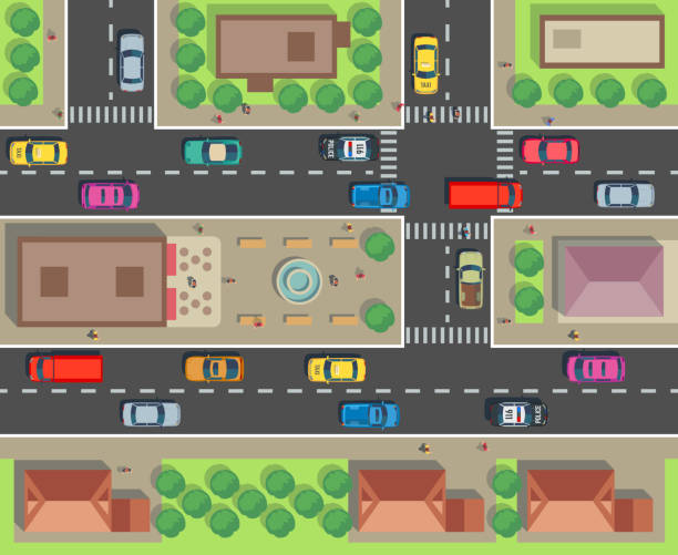 도시 최고 전망. 자동차와 트럭으로 건물과 거리. 도시 �교통 벡터 맵 - quarter view stock illustrations