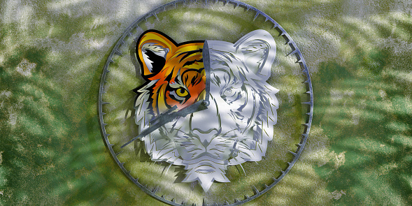 A conceptual image of a clock face made from coloured paper cutouts of a tiger head, from which colour has faded to white as the minute and hour hands of the clock move around. The clock hands are a rifle and machete to represent hunting and habitat destruction.