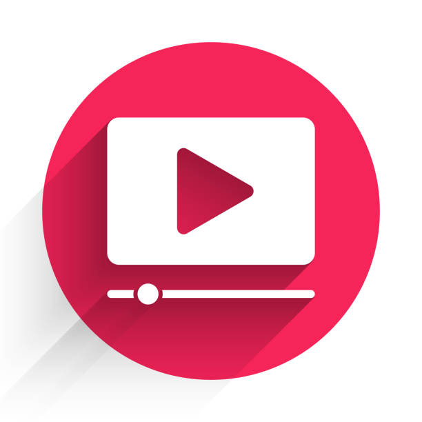 ホワイトオンラインは、長い影で隔離されたビデオアイコンを再生します。プレイサイン付きのフィルムストリップ。赤い丸のボタン。ベクトルの図 - vector icon video点のイラスト素材／クリップアート素材／マンガ素材／アイコン素材