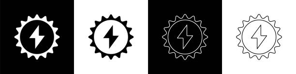 stellen sie das symbol des sonnenenergiepanels isoliert auf schwarzem und weißem hintergrund ein. sonne mit blitzsymbol. vektor-illustration - solar panel solar power station sun solar energy stock-grafiken, -clipart, -cartoons und -symbole