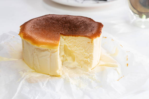 istock Pound of Basque Burnt Cheesecake on white baking paper. 1266095120