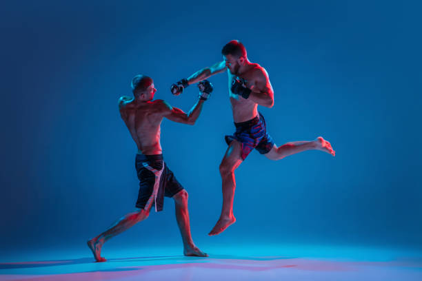 MMA. Two professional fighters punching or boxing isolated on blue studio background in neon In flight. MMA. Two professional fighters punching or boxing isolated on blue studio background in neon. Fit muscular caucasian athletes or boxers fighting. Sport, competition and human emotions, ad. mixed martial arts photos stock pictures, royalty-free photos & images