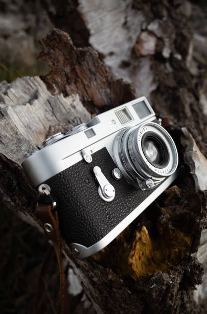 istock Old German rangefinder camera (1960) on wooden stump outdoors 1266098821