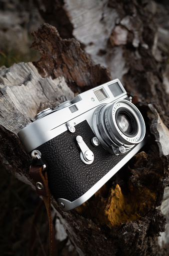 An old 35mm all-metal German rangefinder camera from 1960 positioned on a wooden tree stump. Subtle natural light. Outdoor shot with excellent detail.