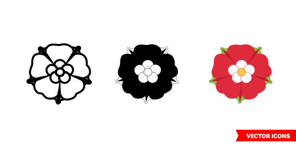 czerwony symbol róży ikony anglii 3 typy kolor, czarny i biały, kontur. symbol izolowanego znaku wektora - tudor style illustrations stock illustrations