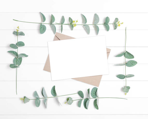 istock Blank invitation with envelope and eucalyptus branches on white wooden background 1266099886