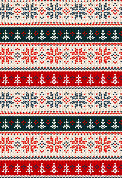 Ugly sweater Merry Christmas party ornament background seamless pattern Ugly sweater Merry Christmas party ornament. Vector illustration Handmade knitted background seamless pattern with christmas tree, snowflake, scandinavian ornament. White, red colored knitting snowflake shape clipart stock illustrations