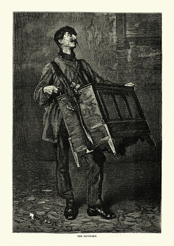 Vintage engraving of the Savoyard organ grinder, Street musician, Symphonion music box, Victorian 19th Century