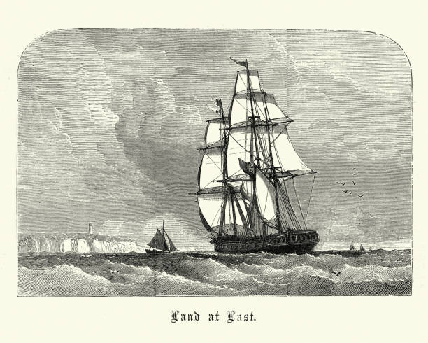 Sailing ship approching land after long voyage, Victorian 19th Century Vintage engraving of Sailing ship approching land after long voyage, Victorian 19th Century north downs stock illustrations