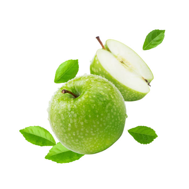 istock Fresh green apple and leaves on white background with clipping path 1266103206