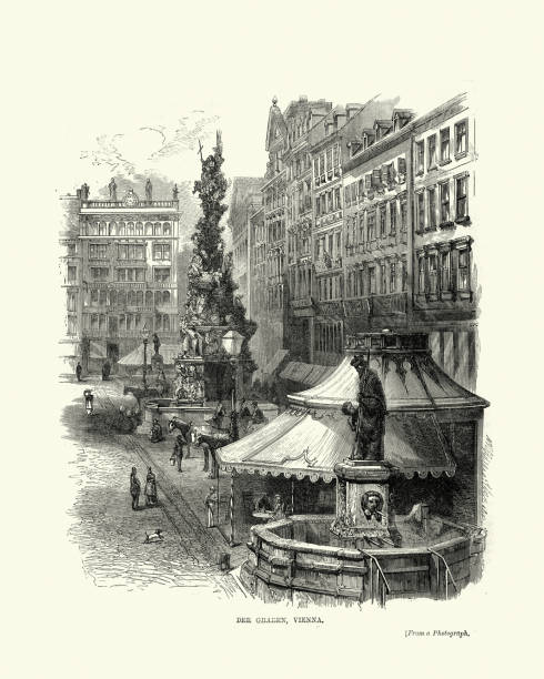Der Graben, Vienna, Austria, 1870s, 19th Century Vintage engraving of Der Graben, Vienna, Austria, 1870s, 19th Century. The Graben is one of the most famous streets in Vienna's first district, the city centre. graben vienna stock illustrations