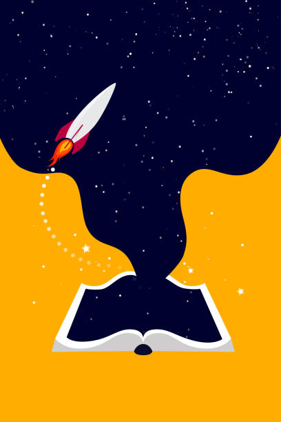 istock universe and the rocket inside the book, concept of education and training. Open book on orange background. 1266104175
